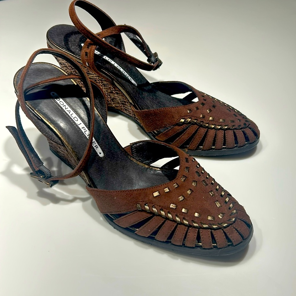 Donald J. Pliner Brown Suede and bronze leather/ Basket Weave Wedge Sandal